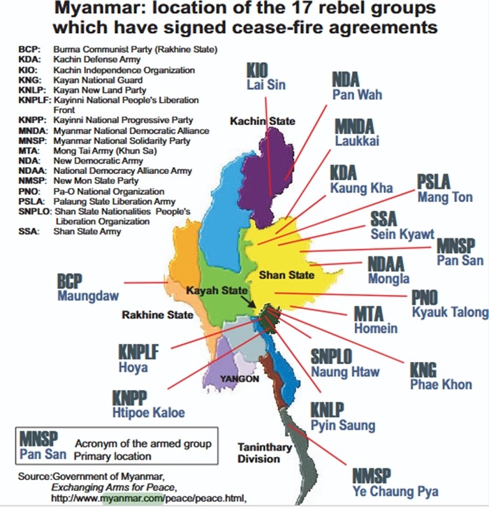 Myanmar’s 17 Cease-Fire Groups and Their Locations